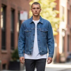 Eddie Bauer Denim Jacket Mens Size Medium Blue 90s Button Front Retro Trucker